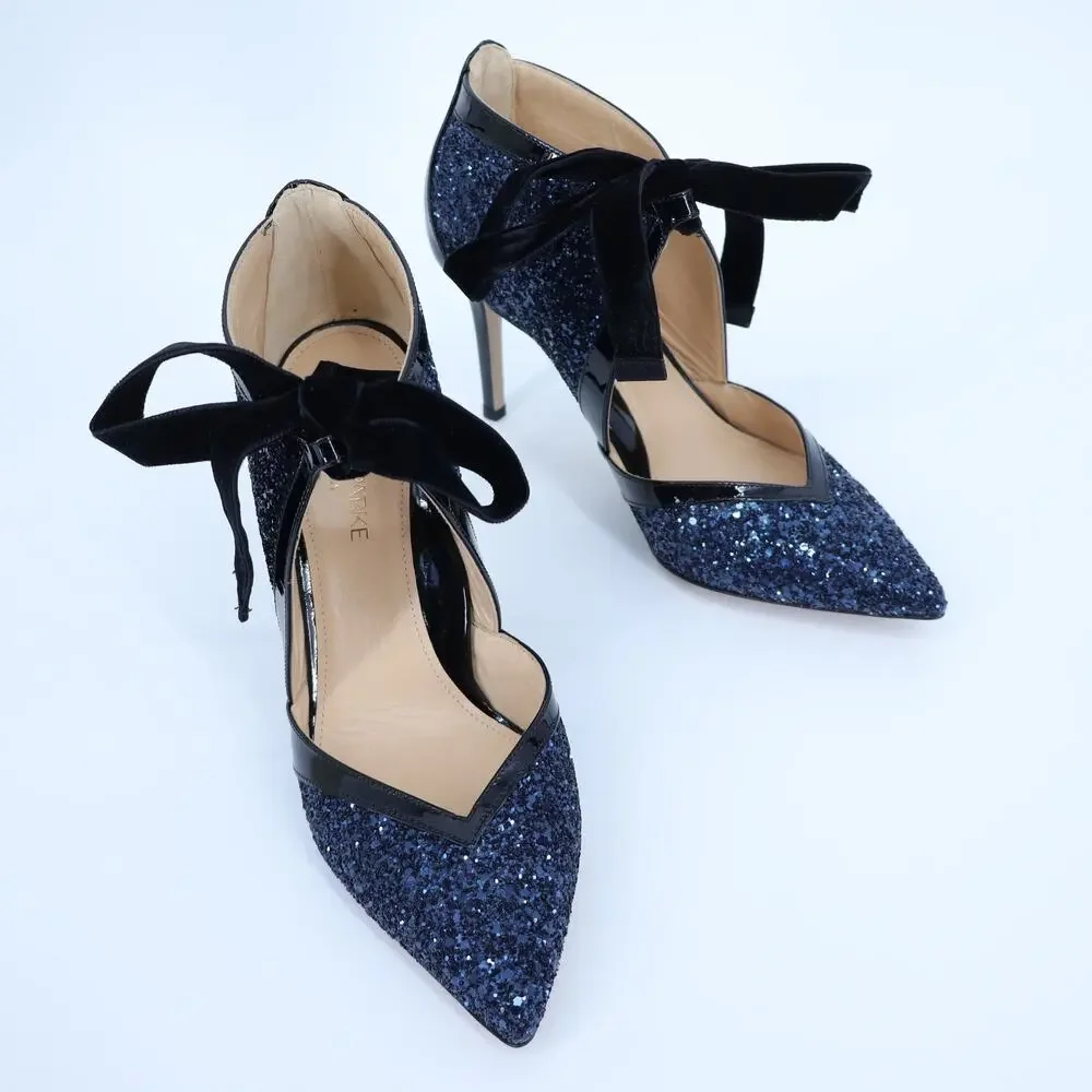 MARION PARKE Molly Glitter Heel Pumps Blue Iris NIB Pointed Toe Women's 37/US 7